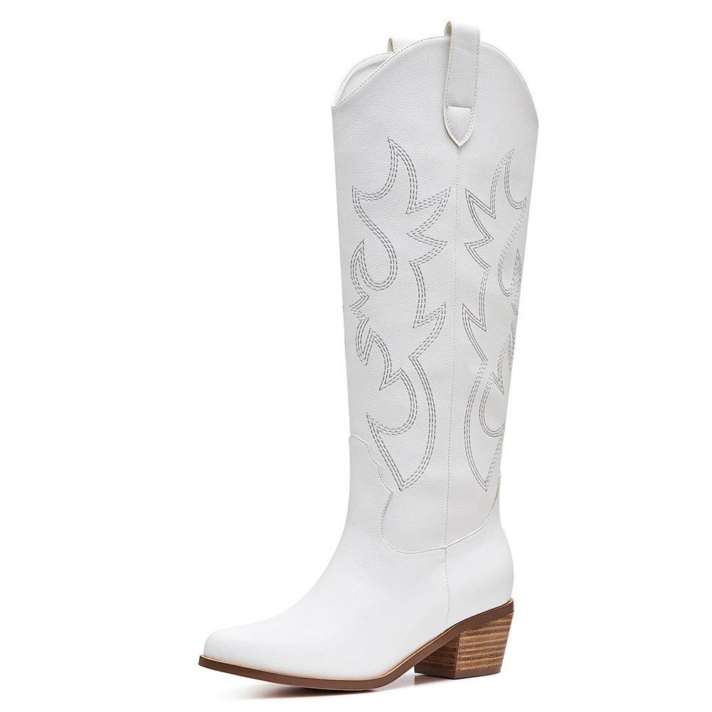 GIGIFOX Embroidered Western Mid-calf High Women Boots Solid Square Heeled Cowgirls Shoes For Women Cowboy Causual Women Boots