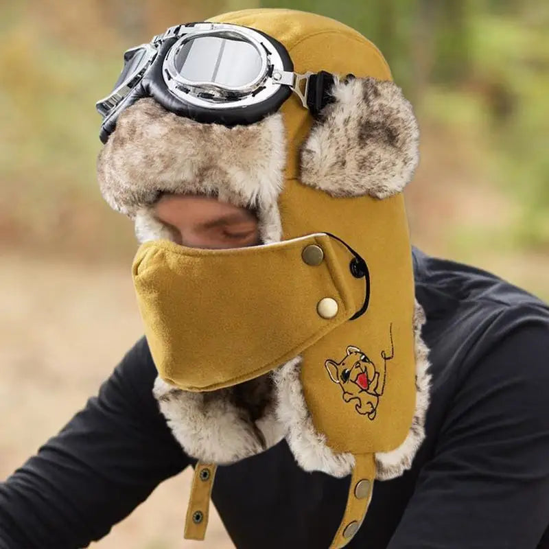 Lei Feng Hat Men's Windproof Hunter Hat For Men Winter Warm Trapper Hat With Goggles Earmuffs Face Cover For Cycling Skiing