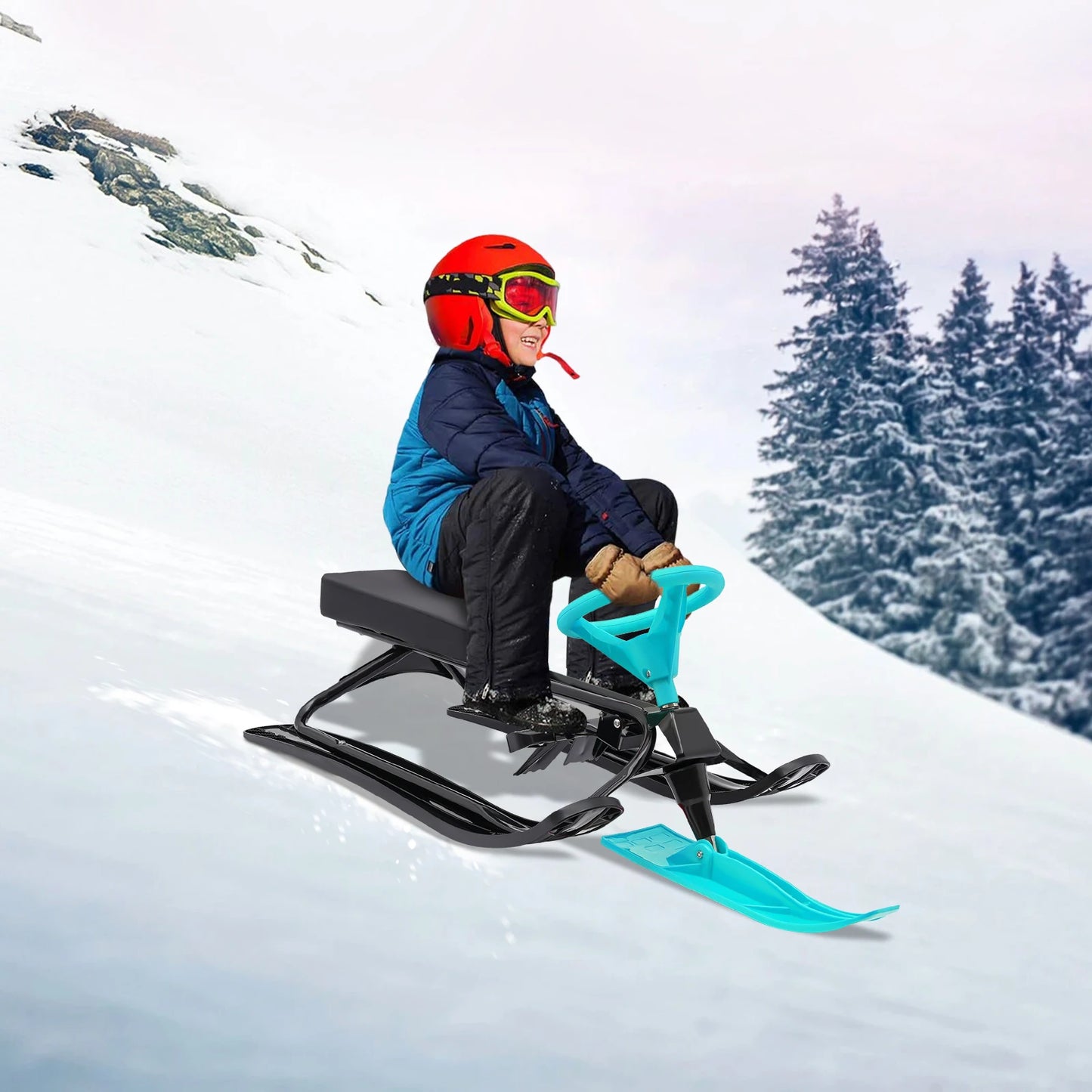 Snow Racer Sled, Ski Sled Slider Board with Steering Wheel, Twin Brakes, For Teens, Kids Age 3 and Up, Adults up to 220LBS