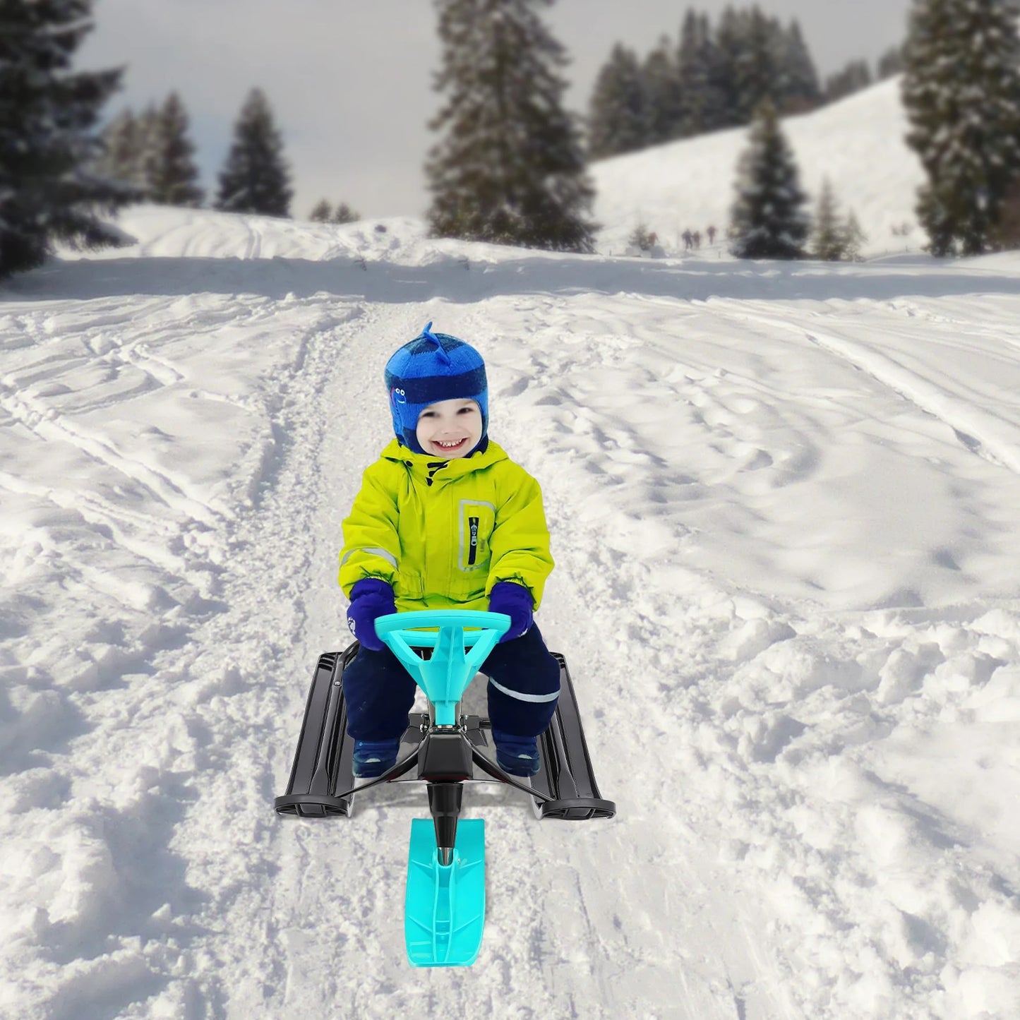 Snow Racer Sled, Ski Sled Slider Board with Steering Wheel, Twin Brakes, For Teens, Kids Age 3 and Up, Adults up to 220LBS