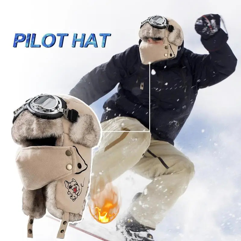 Lei Feng Hat Men's Windproof Hunter Hat For Men Winter Warm Trapper Hat With Goggles Earmuffs Face Cover For Cycling Skiing