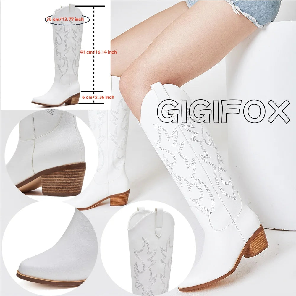 GIGIFOX Embroidered Western Mid-calf High Women Boots Solid Square Heeled Cowgirls Shoes For Women Cowboy Causual Women Boots