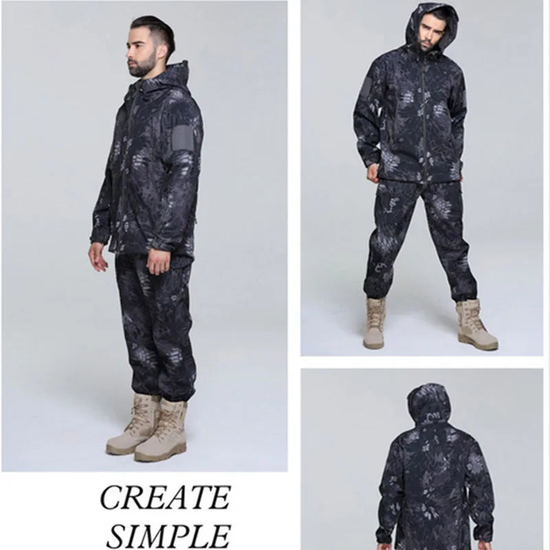 Oulylan Waterproof Fishing Hiking Camping Tactical Jackets Set Hunting Fleece Coat Pants Tracksuits Hooded Thermal Camo Clothes