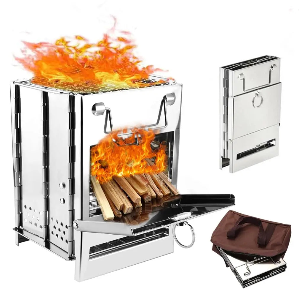 Camping Wood Burning Stove with Grill Collapsible Backpacking Survival Rocket Stove Stainless Steel Campfire Stove