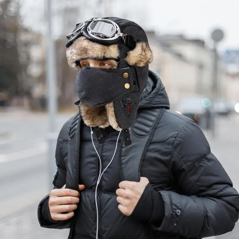 Lei Feng Hat Men's Windproof Hunter Hat For Men Winter Warm Trapper Hat With Goggles Earmuffs Face Cover For Cycling Skiing