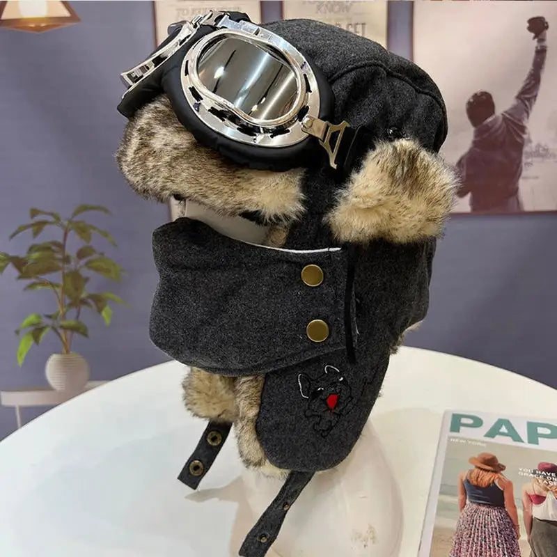 Lei Feng Hat Men's Windproof Hunter Hat For Men Winter Warm Trapper Hat With Goggles Earmuffs Face Cover For Cycling Skiing