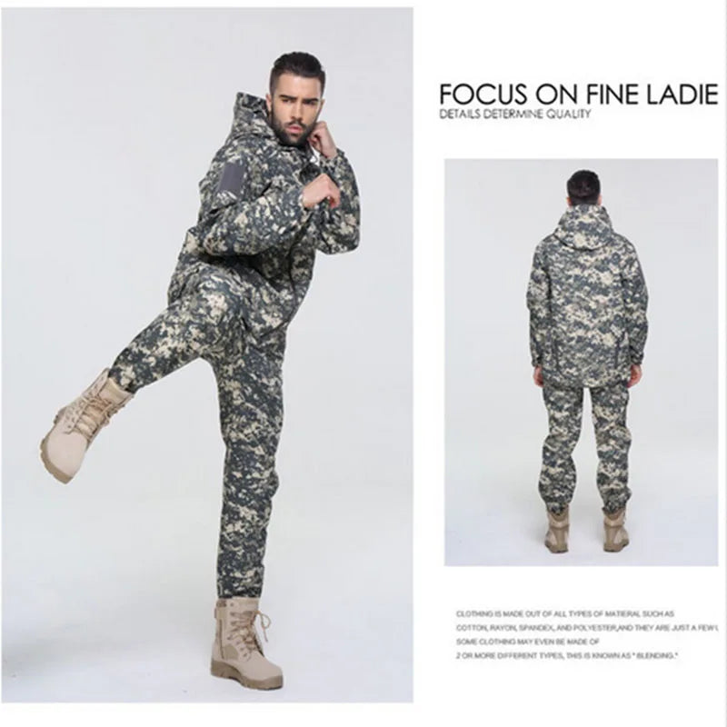 Oulylan Waterproof Fishing Hiking Camping Tactical Jackets Set Hunting Fleece Coat Pants Tracksuits Hooded Thermal Camo Clothes