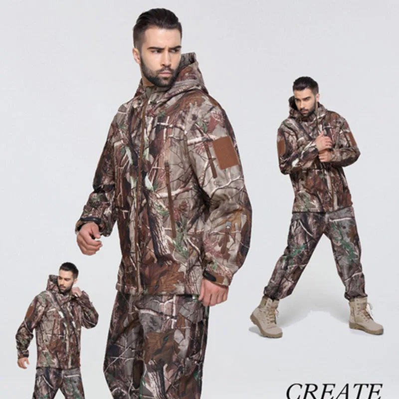 Oulylan Waterproof Fishing Hiking Camping Tactical Jackets Set Hunting Fleece Coat Pants Tracksuits Hooded Thermal Camo Clothes