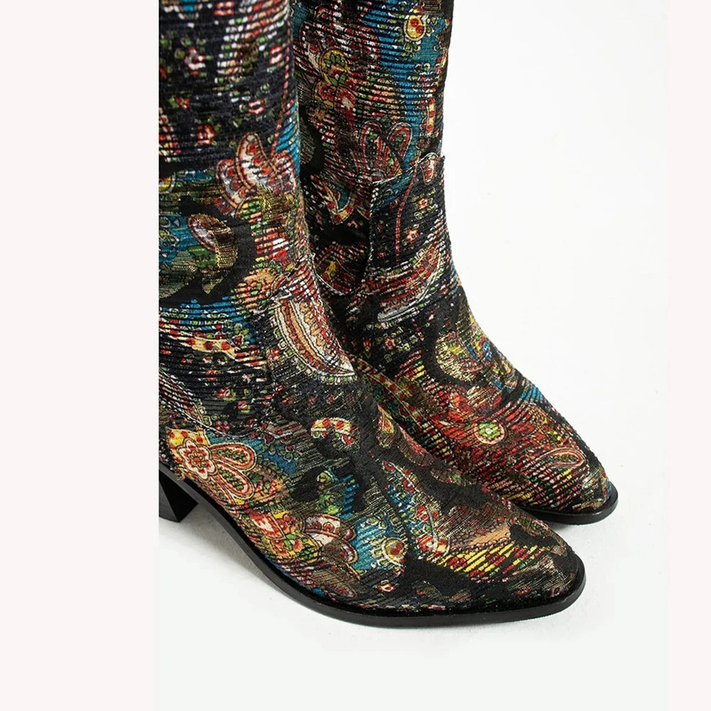 Colorful Cowboy Boots Woman Knee High Low Heel Boots for Women Fashion Women Shoes