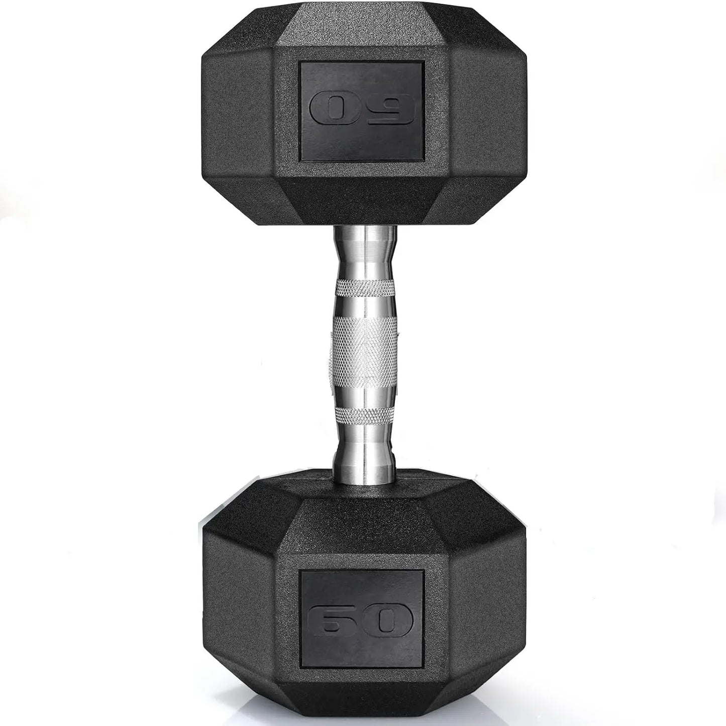 Durable rubber hex dumbbells, 40–75 lbs, perfect for strength training and home workouts.