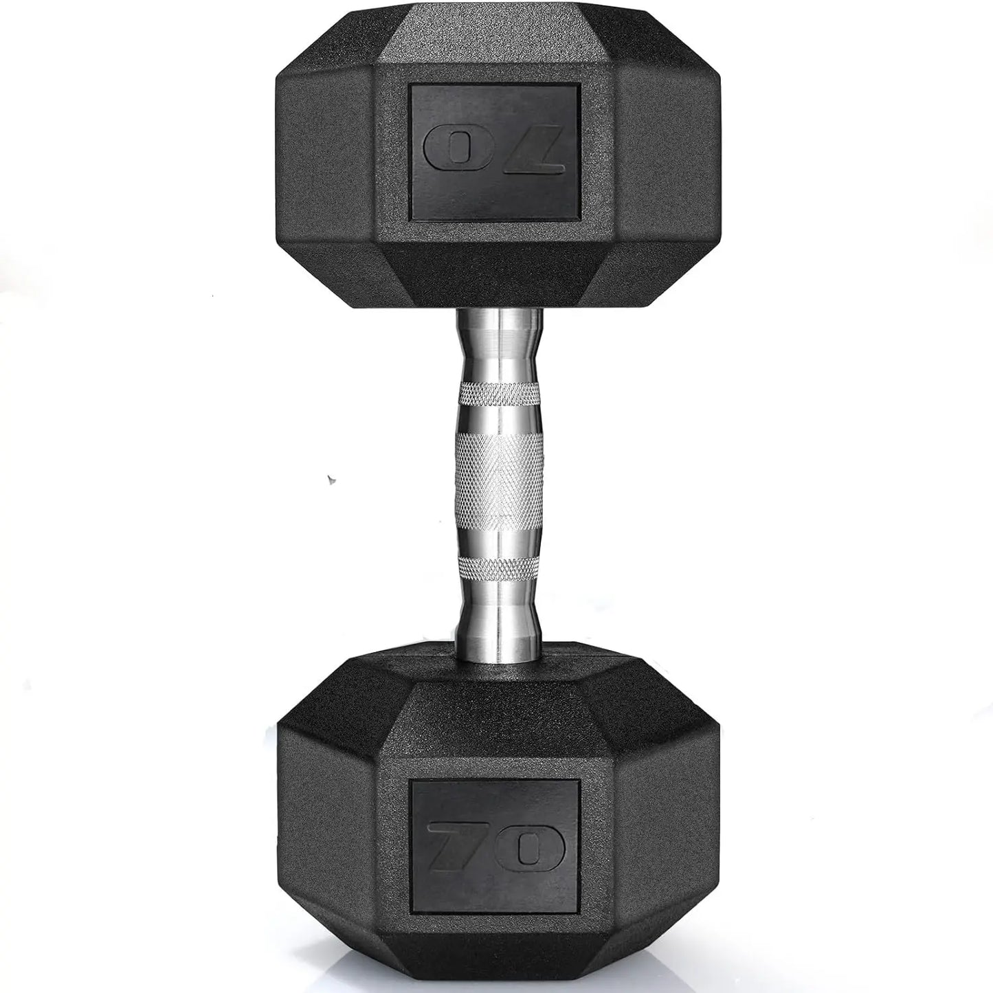 Durable rubber hex dumbbells, 40–75 lbs, perfect for strength training and home workouts.