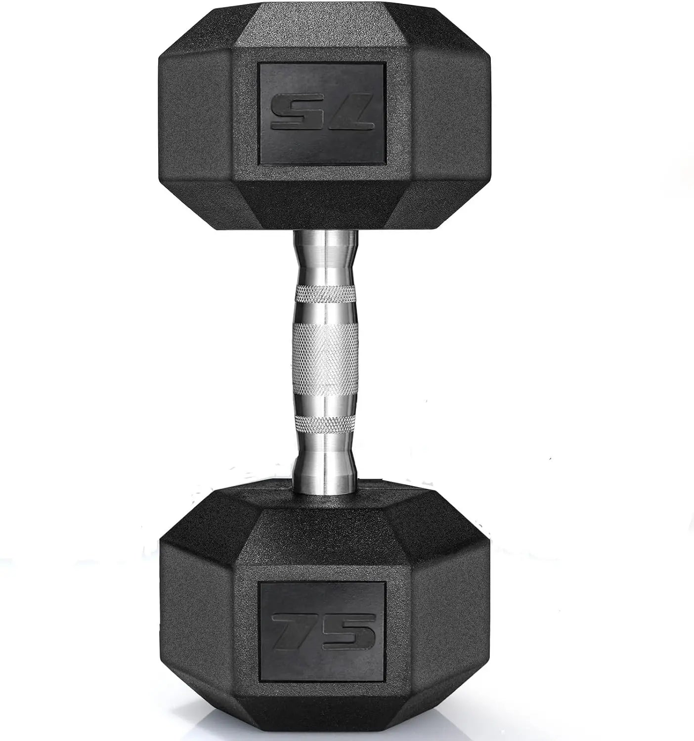 Durable rubber hex dumbbells, 40–75 lbs, perfect for strength training and home workouts.