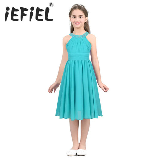 iEFiEL Kids Girls Children Teenager Wedding Princess Dress Elegant Party Pageant Formal Flower Shaped Rhinestone Chiffon Dress