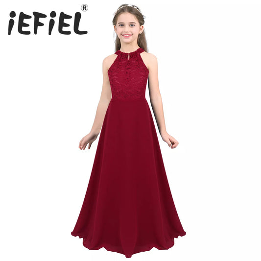 Elegant Flower Girls Dress Children Wedding Party Princess Floral Lace Cutout Back Dress Girls Clothes Formal Occasion Dress