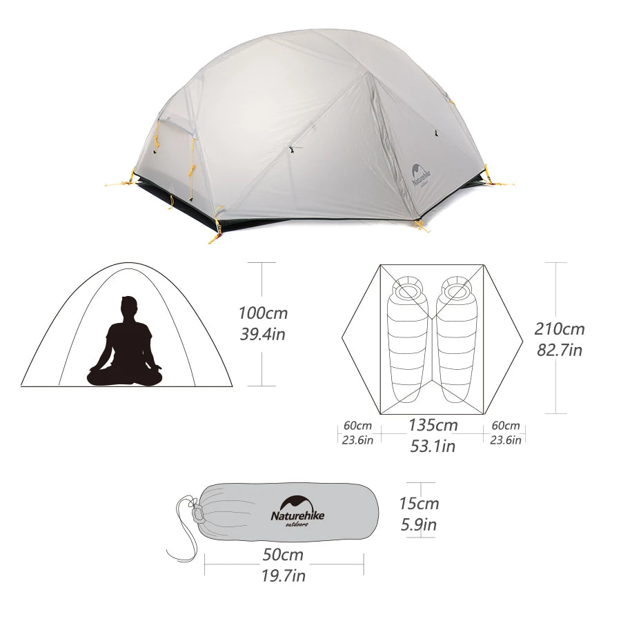 Naturehike Mongar 2 Camping Tent Ultralight Outdoor 3 Season Waterproof 20D Nylon Hiking Tent 2 Person Backpacking Tent