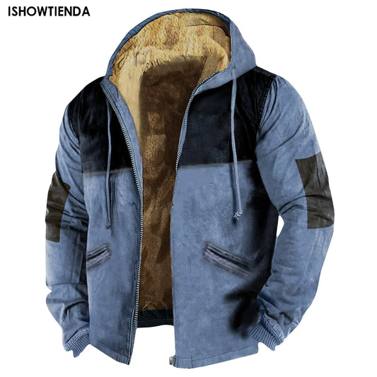 Men's Hooded Cashmere Thickened Cashmere Cold Resistant Cardigan Sweater Color Block Hooded Jacket Autumn And Winter