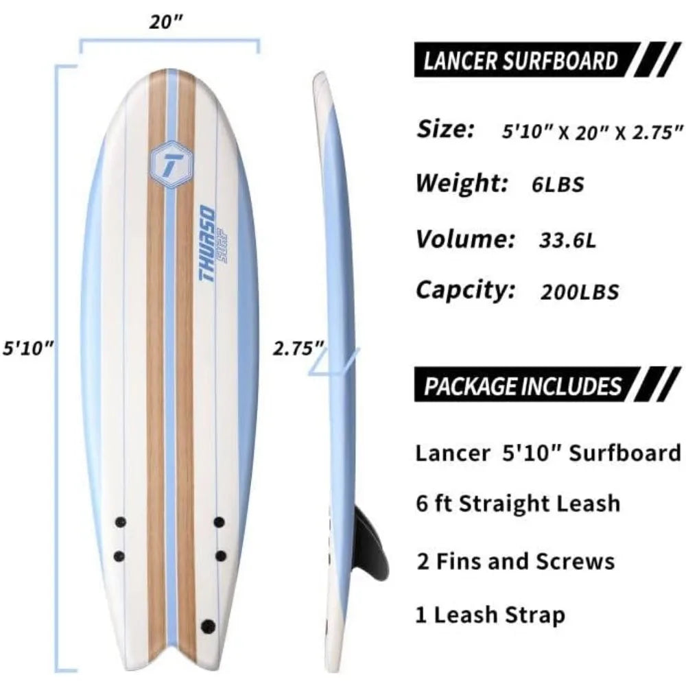 5'10'' Soft Top Foam Surfboard Fish Surf Board for Kids & Adults Includes Twin Fins Double Swivel