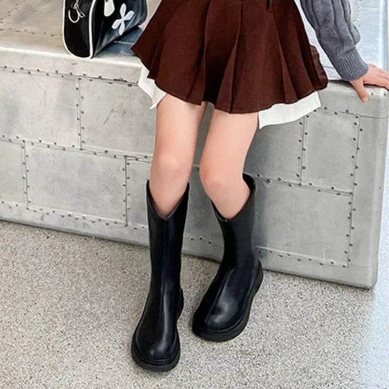 Fashion Girl's Long Boots PU Leather Bowtie Chunky Fashion Children Winter Boot Warm Bowknot Round Toe Knee-high Kids Shoes