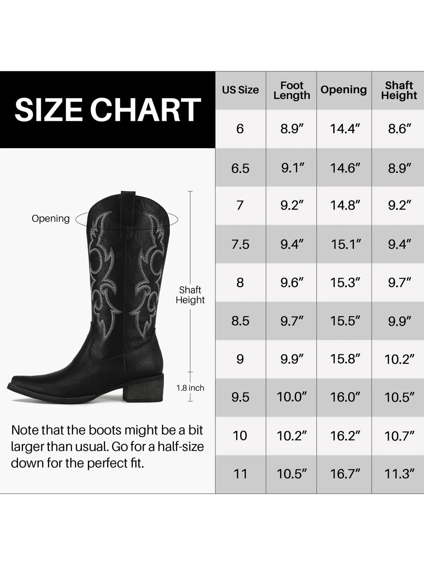 Black Cowboy Boots for Women - Embroidered Cowgirl Boots Western Mid Calf Fashion Chunky Heel Pointed Toe Country Boots