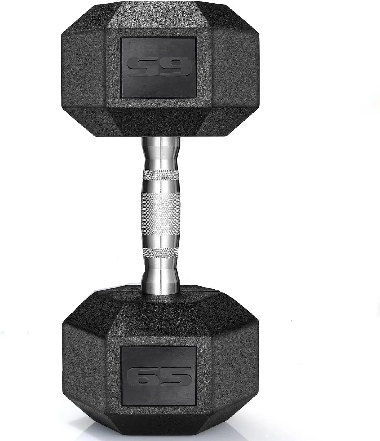 Durable rubber hex dumbbells, 40–75 lbs, perfect for strength training and home workouts.