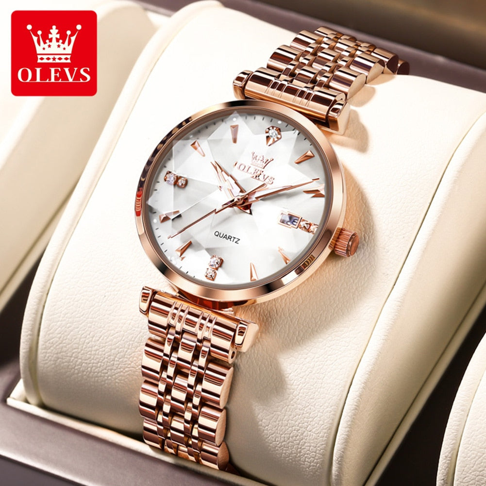 OLEVS Women Luxury Jewelry Quartz Watch Waterproof Stainless steel Strap Rose Gold Watch for Women Fashion Watch Bracelet Set