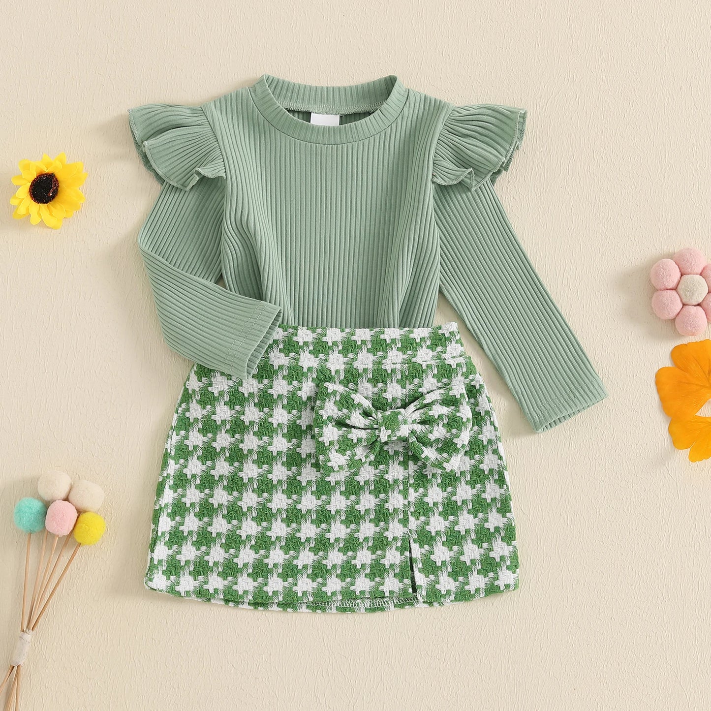 Kids Baby Girls Autumn Clothes Sets Ruffles Long Sleeve Crew Neck T-shirt and Bow Houndstooth Skirt 2-piece Outfits for 1-4Years