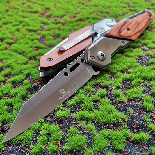 High Hardness Stainless Steel Camping Outdoor Defense Knife Field Tactical Pocket Knife Wooden Handle Folding Knife with Clip