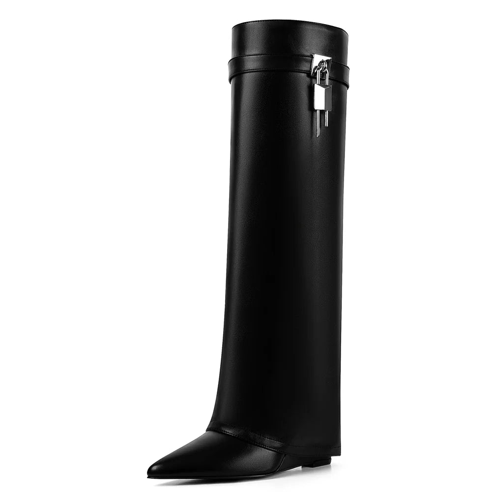 Women's Fold Over Slouchy Shark Boots Wide Calf Pointed Toe Wedge Heel Fashion Padlock Buckle Pull On Knee High Boots Woman