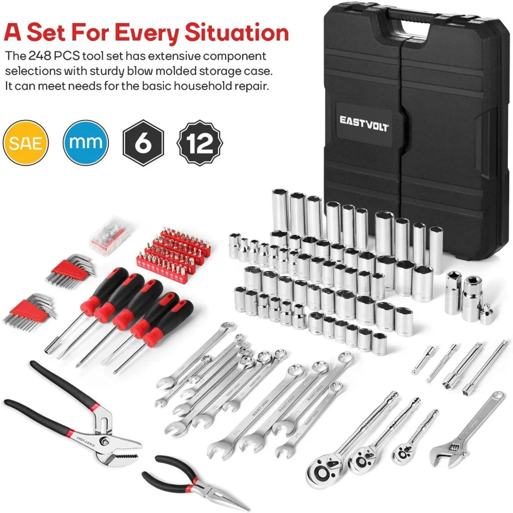 248 Pieces Mechanics Tool Set, General Purpose Mixed Sockets and Wrenches, Hand Tool Set Auto Repair Tool Kit with Storage