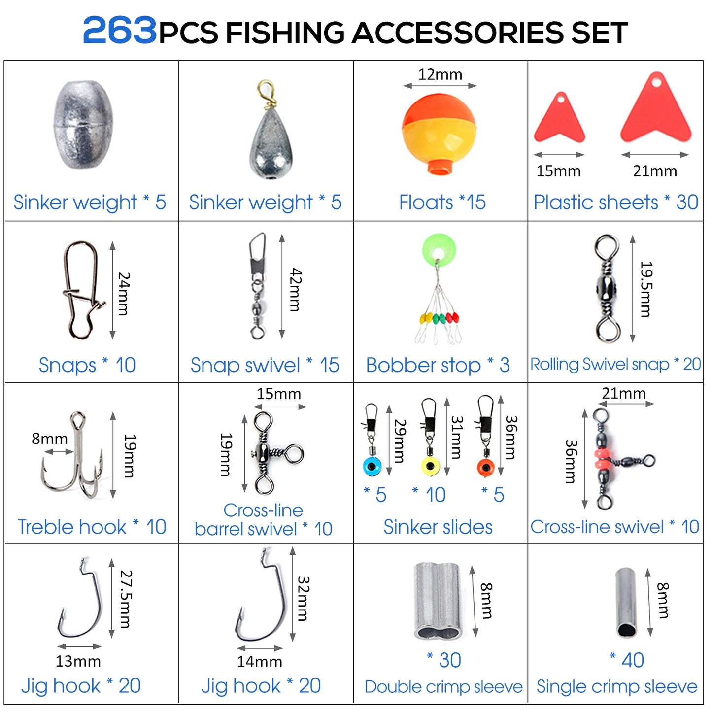 263pcs Fishing Accessories Set with Tackle Box Including Plier Jig Hooks Sinker Weight Swivels Snaps Sinker Slides