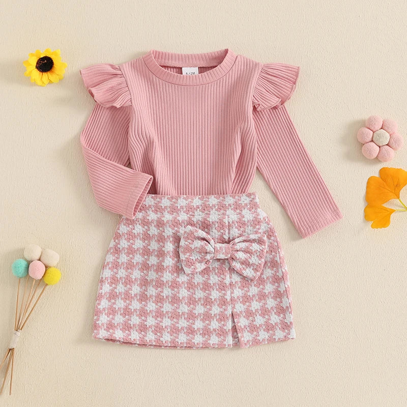 Kids Baby Girls Autumn Clothes Sets Ruffles Long Sleeve Crew Neck T-shirt and Bow Houndstooth Skirt 2-piece Outfits for 1-4Years