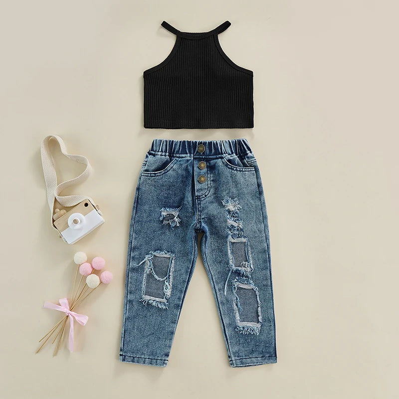 Girls 2-Piece Summer Set Toddler Ruffle Sleeveless Top Denim Shorts with Frayed Hem 12 Months to 5 Years