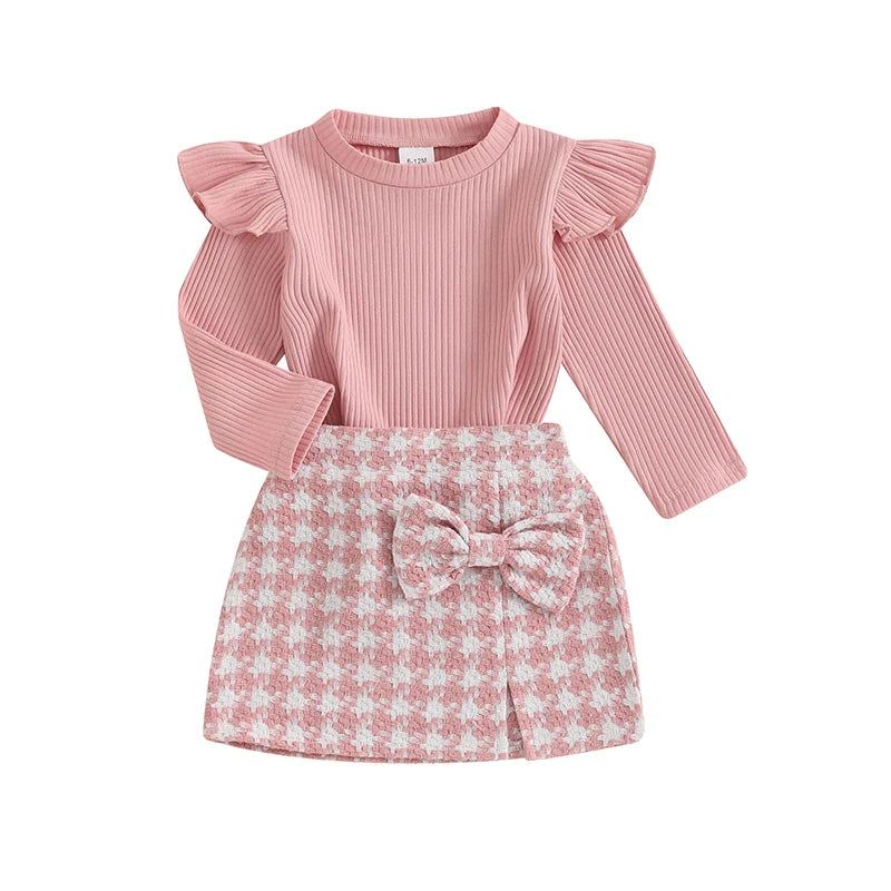 Kids Baby Girls Autumn Clothes Sets Ruffles Long Sleeve Crew Neck T-shirt and Bow Houndstooth Skirt 2-piece Outfits for 1-4Years