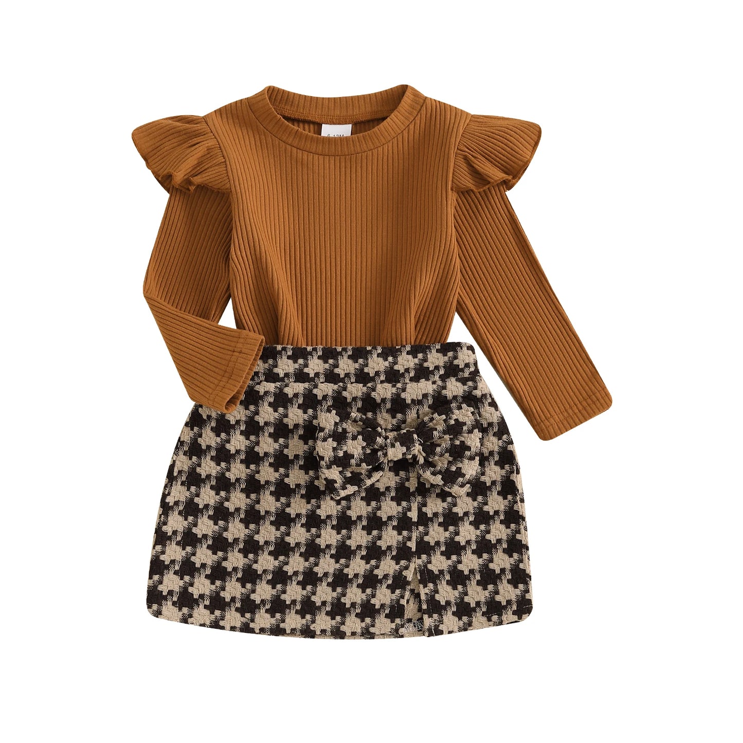 Kids Baby Girls Autumn Clothes Sets Ruffles Long Sleeve Crew Neck T-shirt and Bow Houndstooth Skirt 2-piece Outfits for 1-4Years