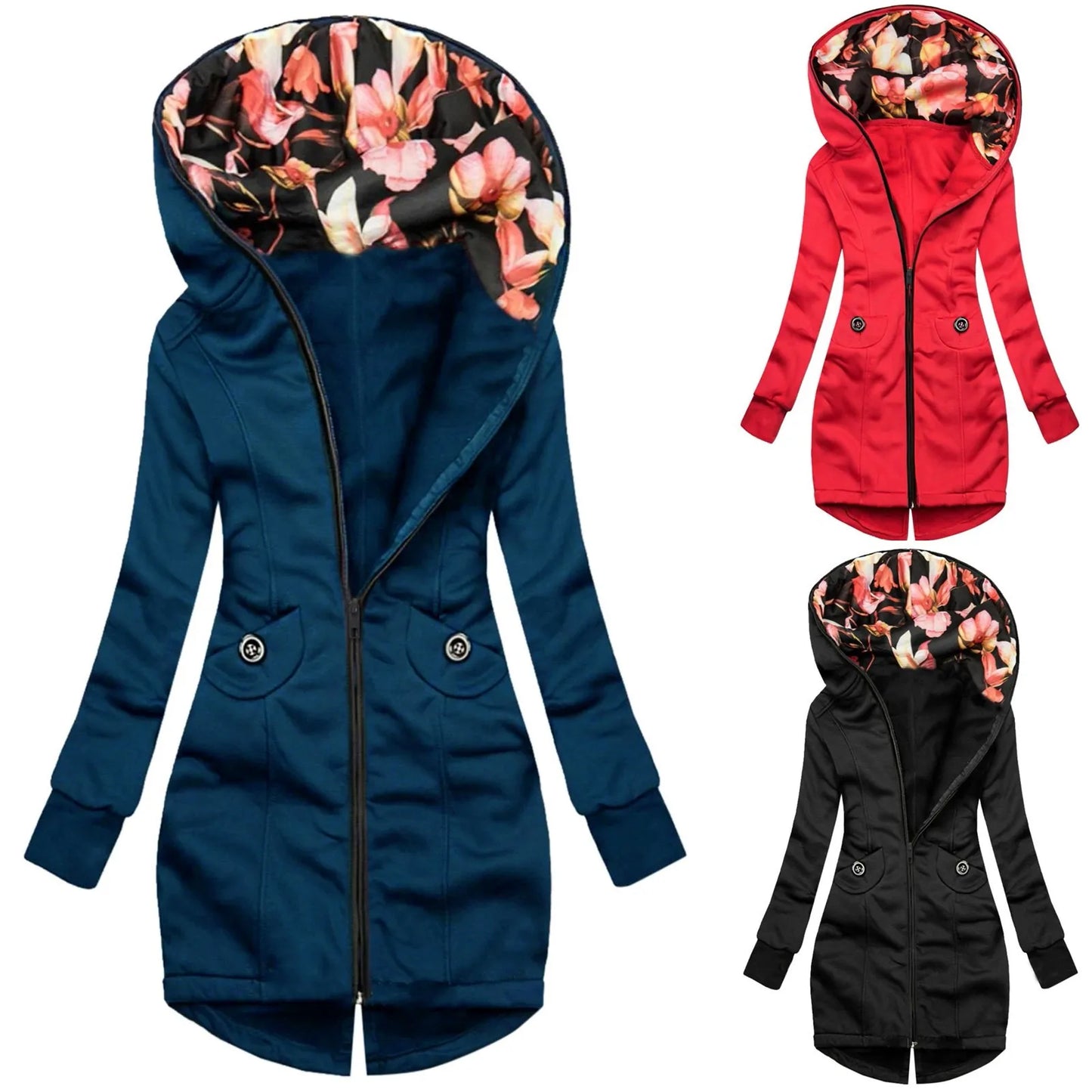 Floral Fashion Sleeve Jacket Coat Pocket Zipper Sweatshirt Women Print Long Sleeve