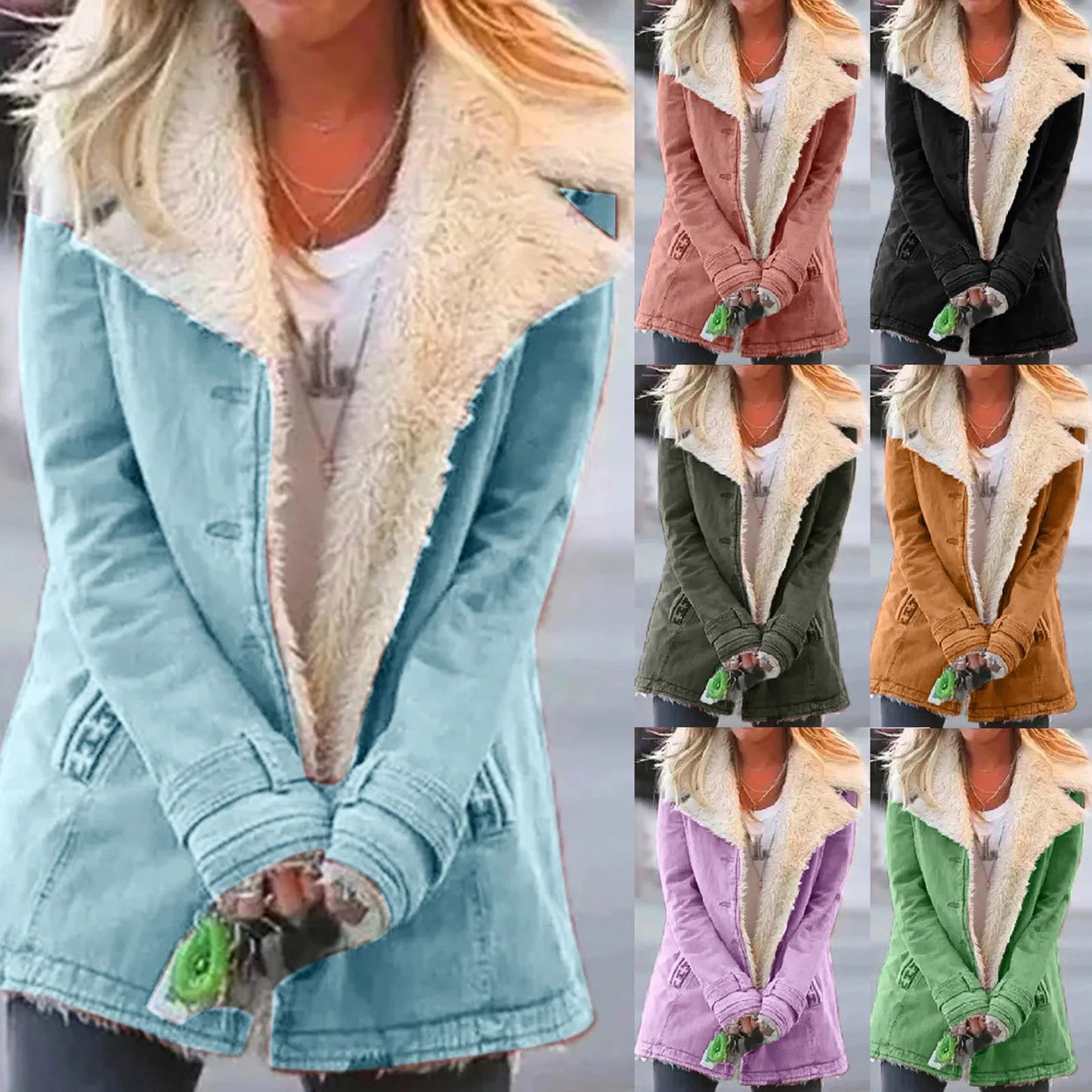 Women's Jacket Buckle Pockets Solid Color Fleece Lined Overcoat
