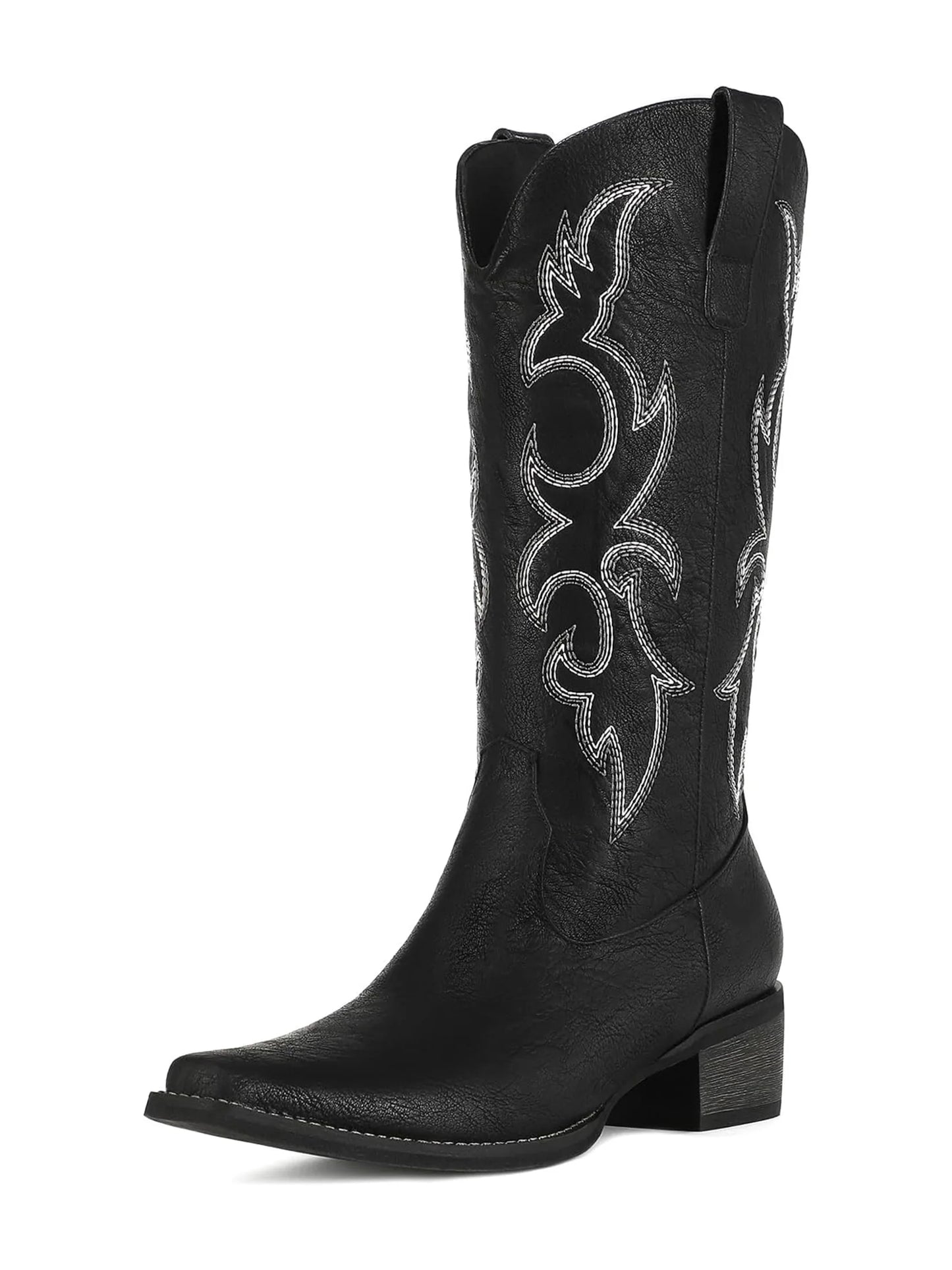 Black Cowboy Boots for Women - Embroidered Cowgirl Boots Western Mid Calf Fashion Chunky Heel Pointed Toe Country Boots