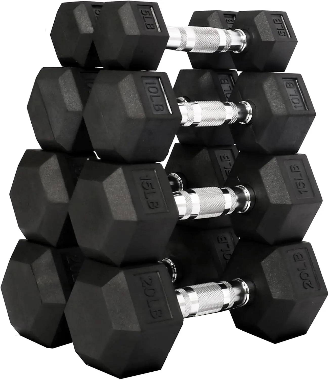 Fitness Rubber Coated Hex Dumbbell Weight Set and Storage Rack