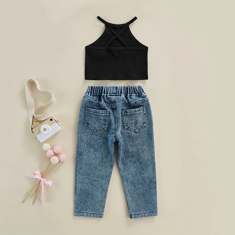 Girls 2-Piece Summer Set Toddler Ruffle Sleeveless Top Denim Shorts with Frayed Hem 12 Months to 5 Years