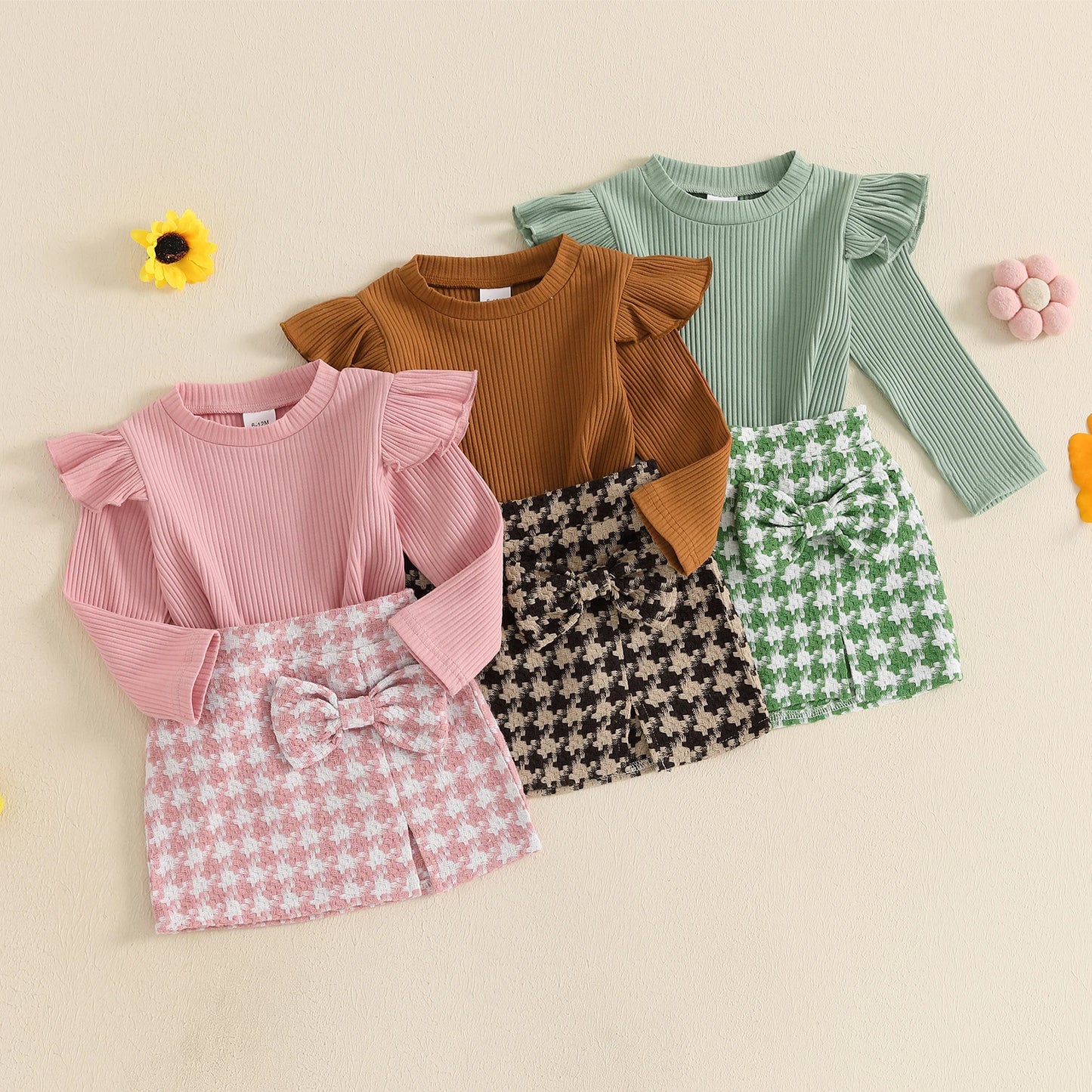 Kids Baby Girls Autumn Clothes Sets Ruffles Long Sleeve Crew Neck T-shirt and Bow Houndstooth Skirt 2-piece Outfits for 1-4Years