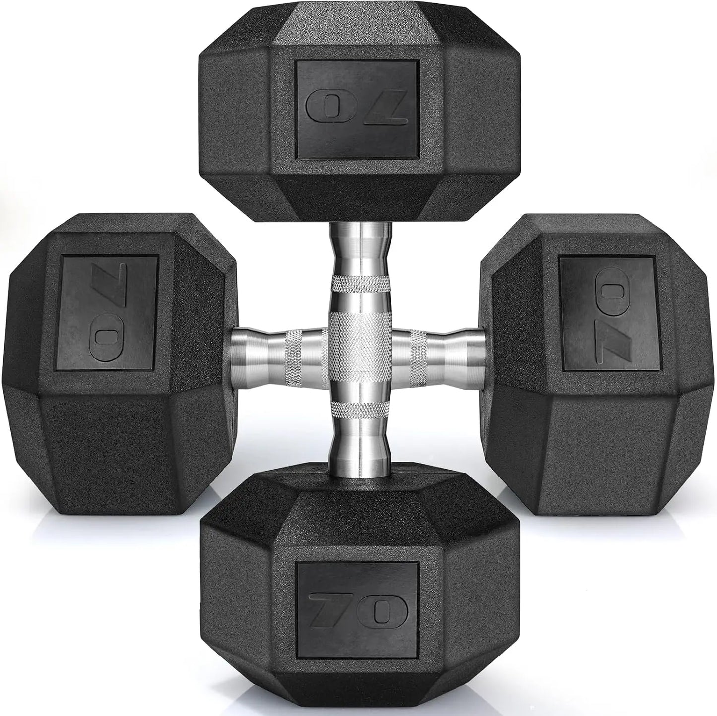 Durable rubber hex dumbbells, 40–75 lbs, perfect for strength training and home workouts.