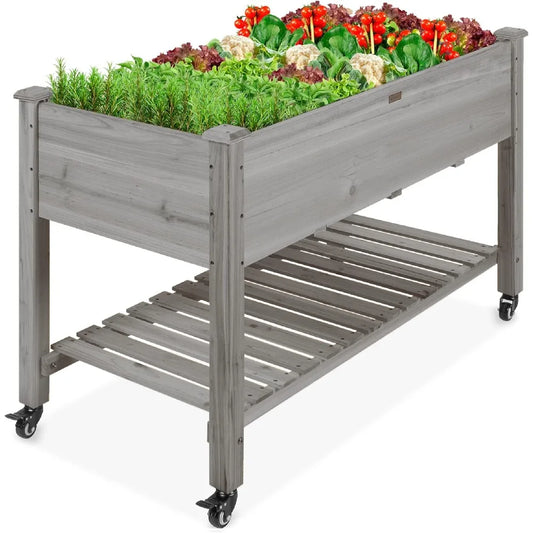 Best Choice Products Raised Garden Bed 48x24x32-inch Mobile Elevated Wood Planter w/Lockable Wheels, Storage Shelf, Protective L