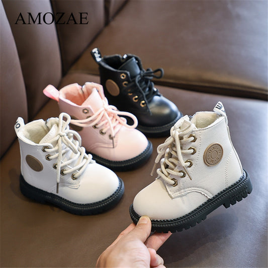 Autumn/Winter Children Boots Boys Girls Leather  Boots Plush Fashion Waterproof Non-slip